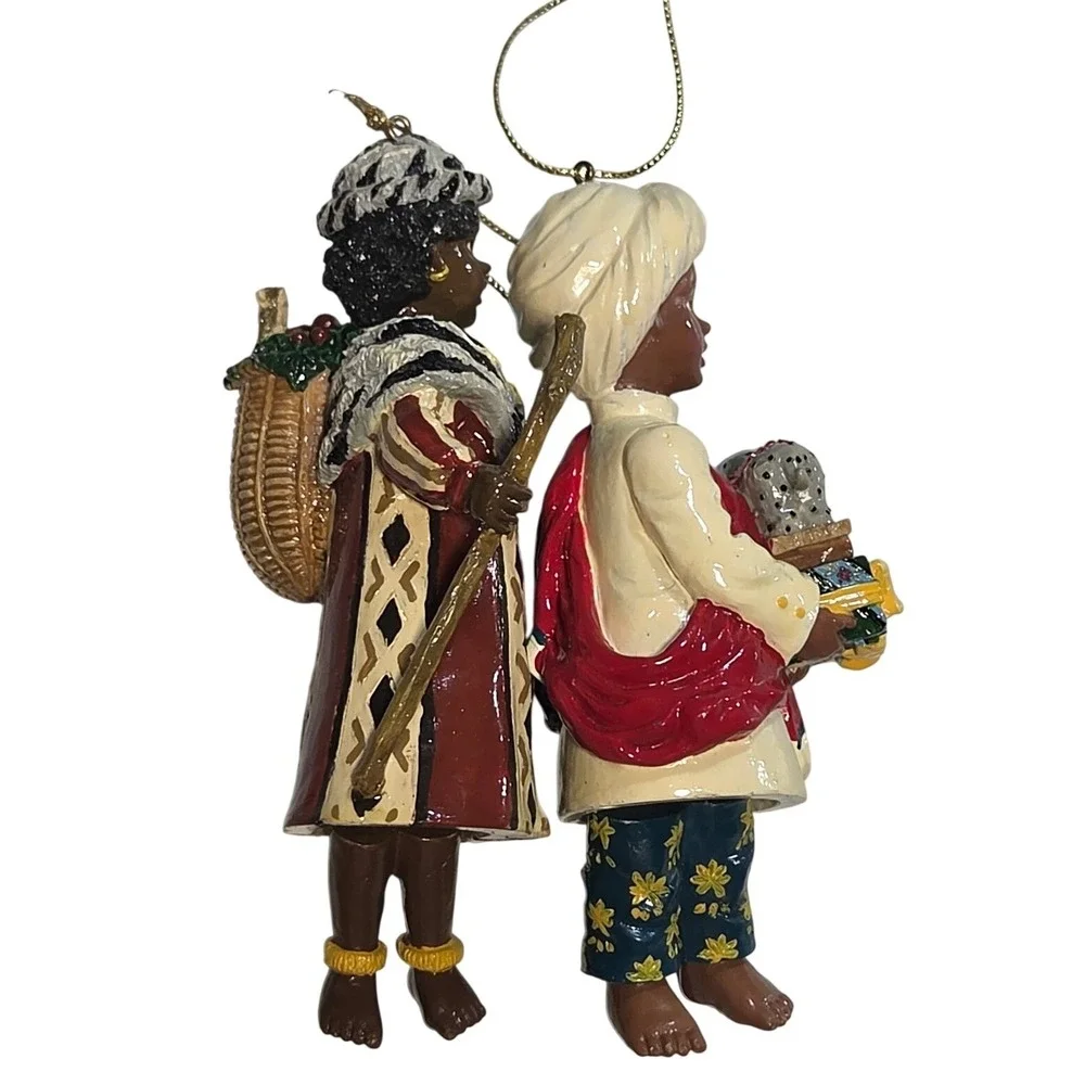 African Heritage Christmas Ornaments Set of 2 Boy with Elephant Girl with Basket - Picture 2 of 16